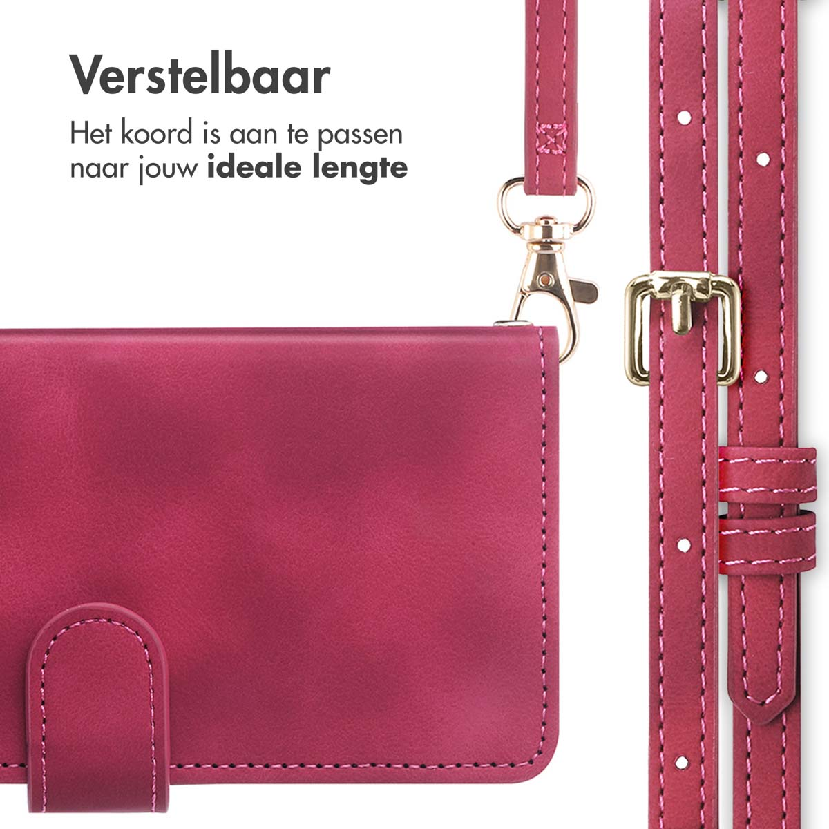 Close-up van een rode portemonnee telefoonhoes met een gouden gesp en bandje. Het bandje is roze.