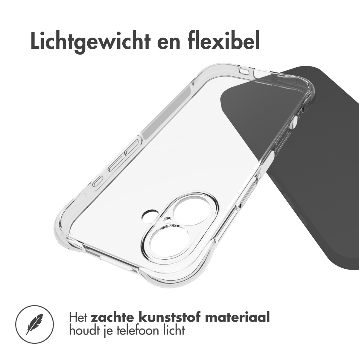 Une coque de téléphone transparente avec un téléphone à l'intérieur. Le téléphone est à côté d'une surface gris foncé.