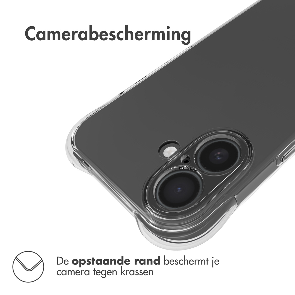 Un téléphone avec une coque transparente, protégeant l'appareil photo. La coque est sur une surface blanche.