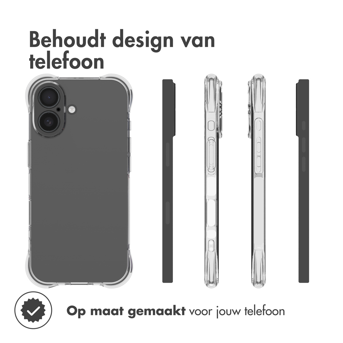 Téléphone dans un étui transparent, vues multiples. Texte : 'Behoudt design van telefoon'.