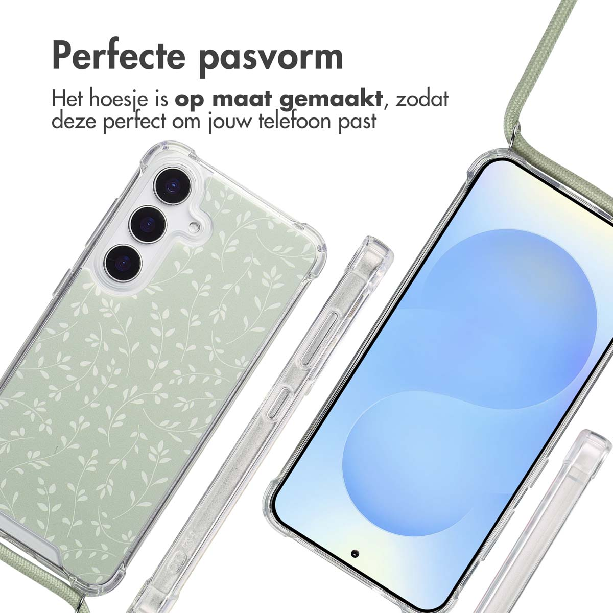 Twee telefoons met transparante hoesjes en een groen bandje. Eén telefoon is scherp, de andere wazig.