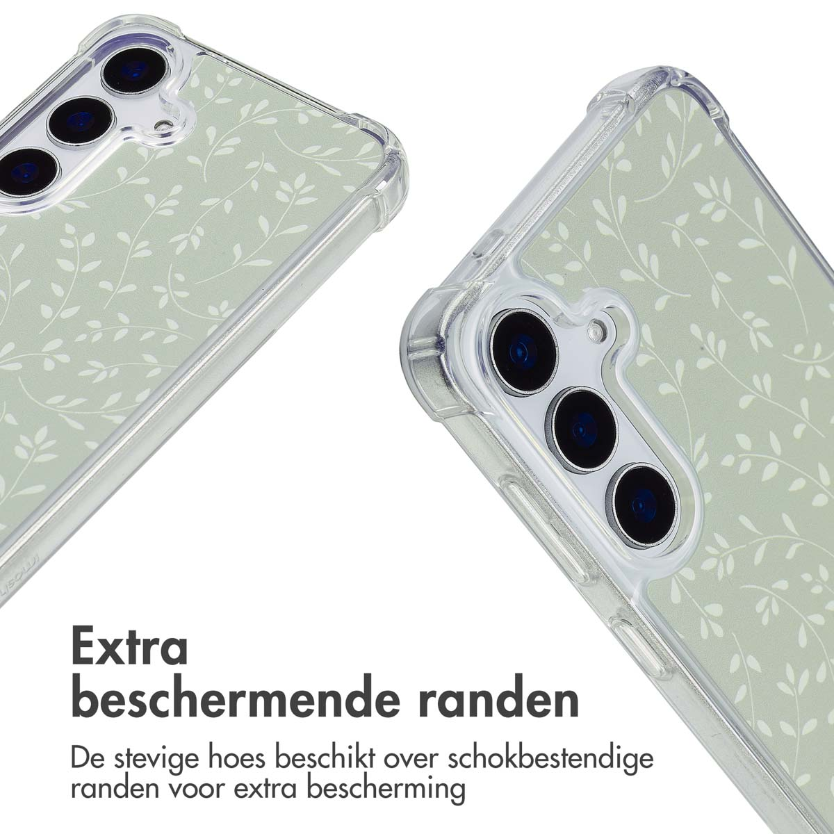 Twee telefoons met bloemenhoesjes. De hoesjes hebben bladeren en liggen op een witte ondergrond.