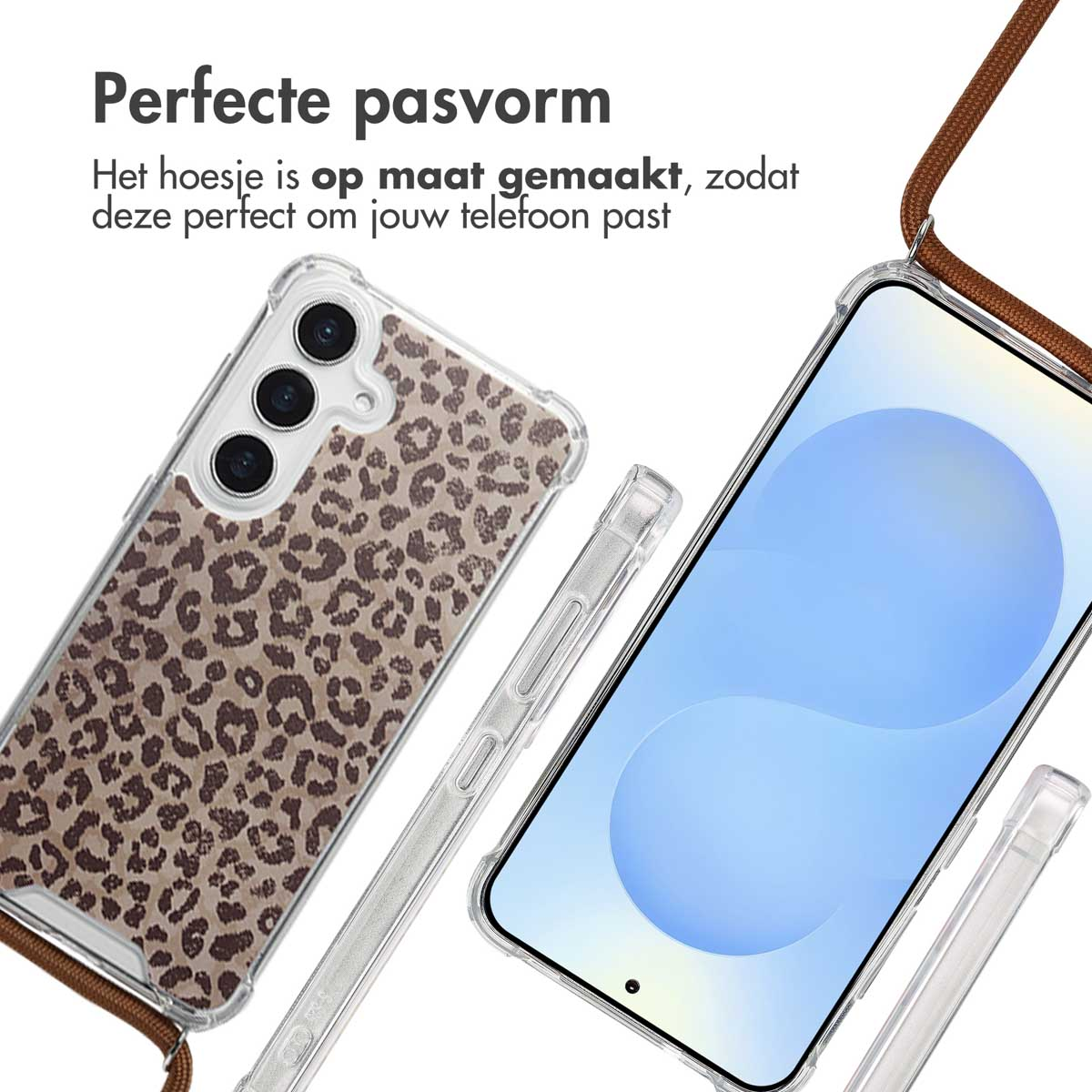 Coque de téléphone sur un téléphone à imprimé léopard. Texte : 'Perfecte pasvorm'.