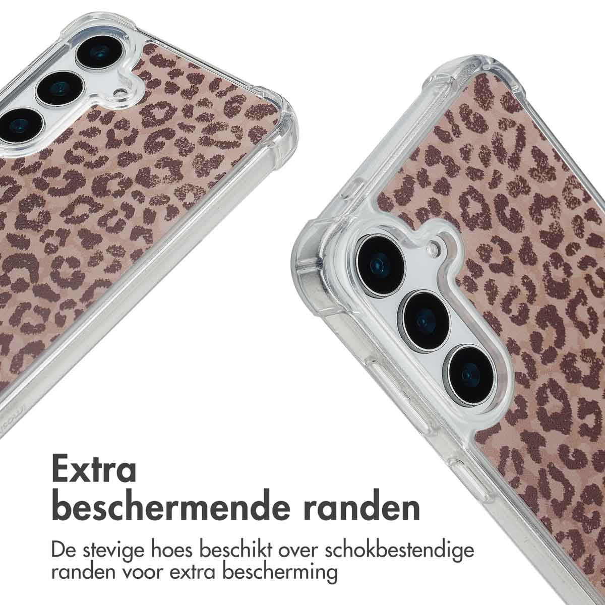 Deux coques de téléphone avec un imprimé léopard. Texte : 'Extra beschermende randen'.
