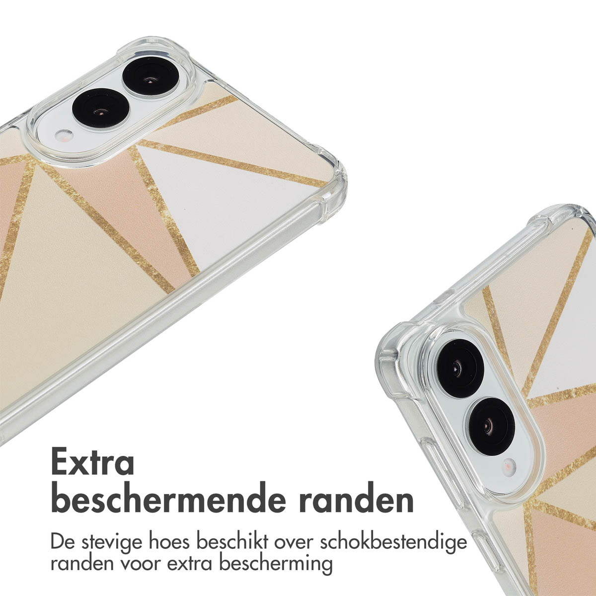 Due custodie per telefono con disegni geometrici. Testo: 'Extra beschermende randen'.