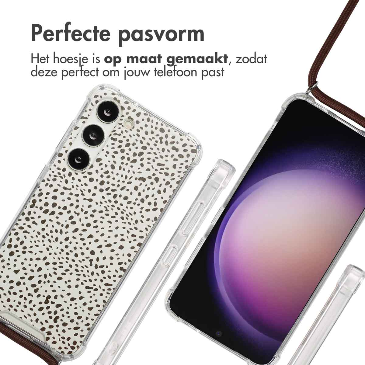 Twee telefoons met luipaardprint hoesjes en een bruin bandje.