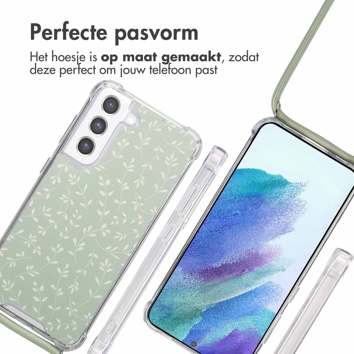 Twee transparante telefoonhoesjes met een groen bladerdesign. Een telefoon met een blauwe achtergrond is zichtbaar.