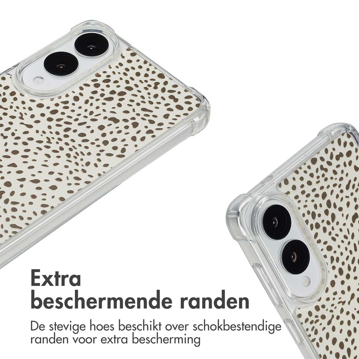 Twee telefoons met luipaardprint hoesjes. Close-up van de hoes met extra beschermende randen.