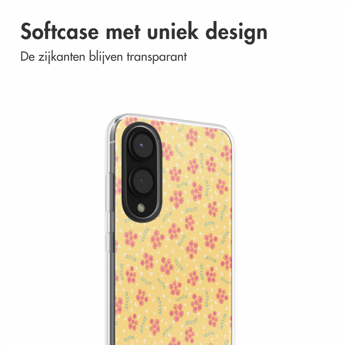 Een telefoon met een bloemenpatroon hoesje. De zijkanten van het hoesje blijven transparant.