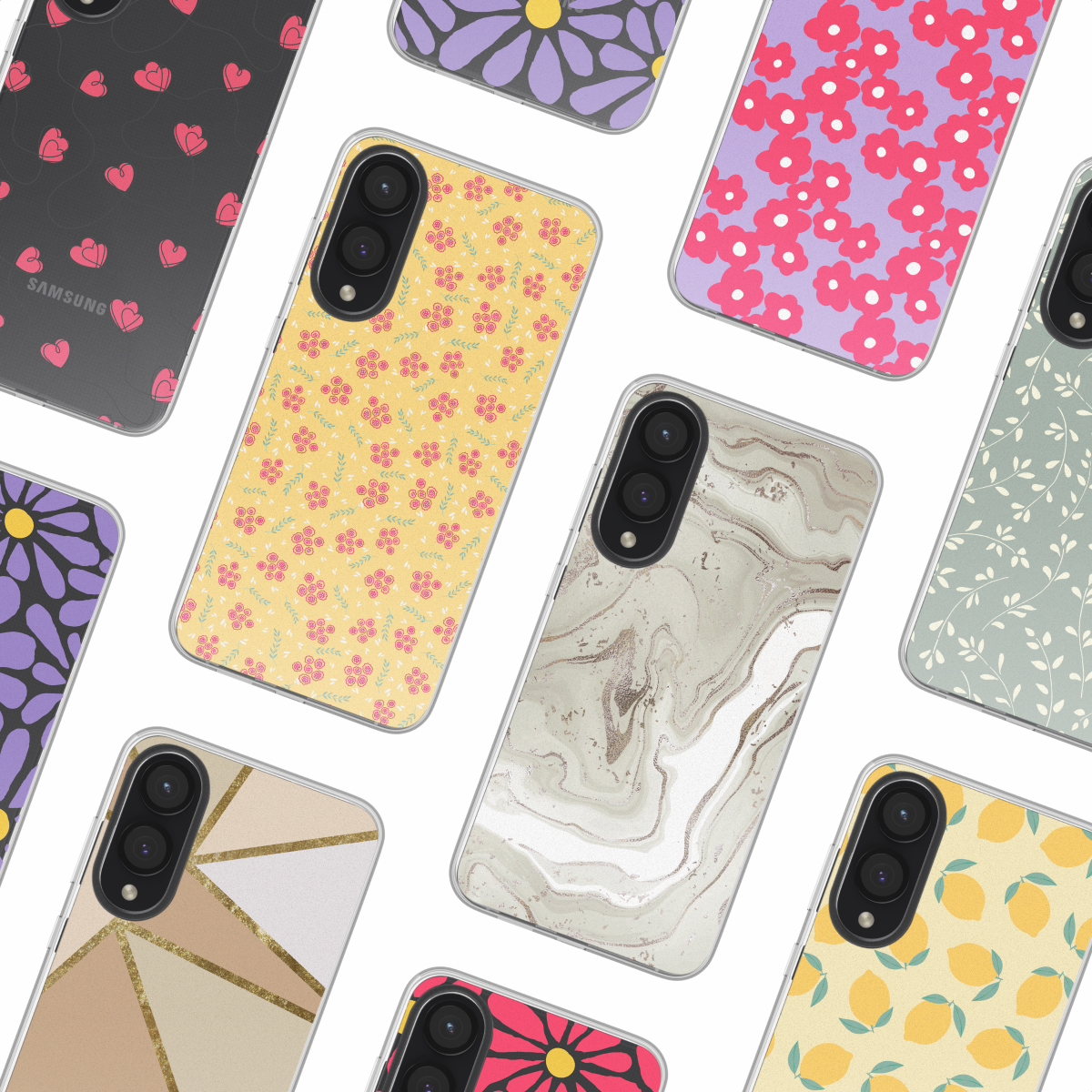 Meerdere telefoonhoesjes met verschillende ontwerpen, waaronder bloemen-, marmer- en geometrische patronen.