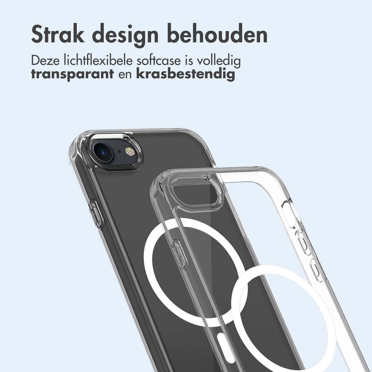 Eine transparente Handyhülle über einem schwarzen Telefon. Die Handyhülle hat einen weißen Kreis.