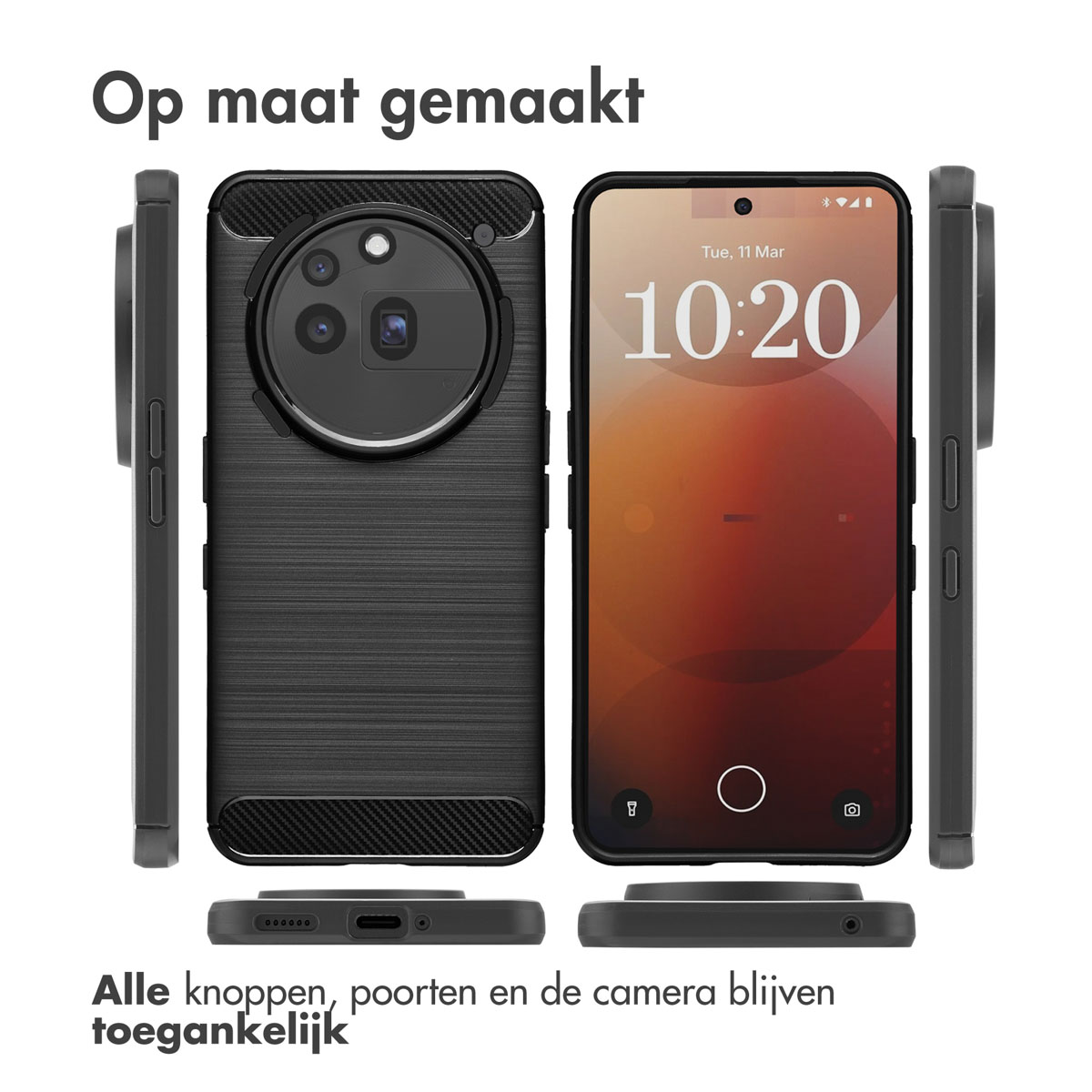 Een telefoon met een zwart hoesje. Extra hoesjes worden getoond met alle knoppen en camera toegankelijk.