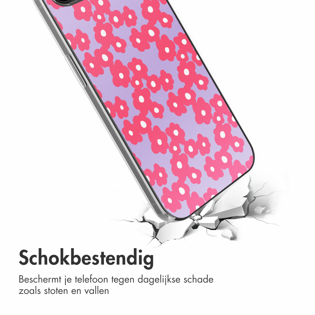 Ein Handy in einer durchsichtigen Hülle mit rosa Blumenmuster wird auf eine weiße Oberfläche mit Rissen fallen gelassen.