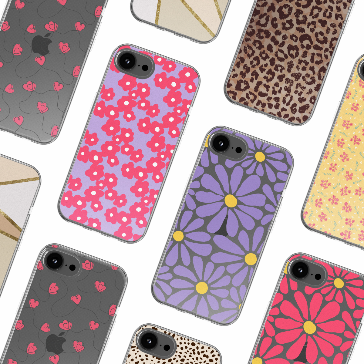 Verstreute Handyhüllen mit Blumen- und Herzmustern, die verschiedene Designs auf weißem Hintergrund zeigen.
