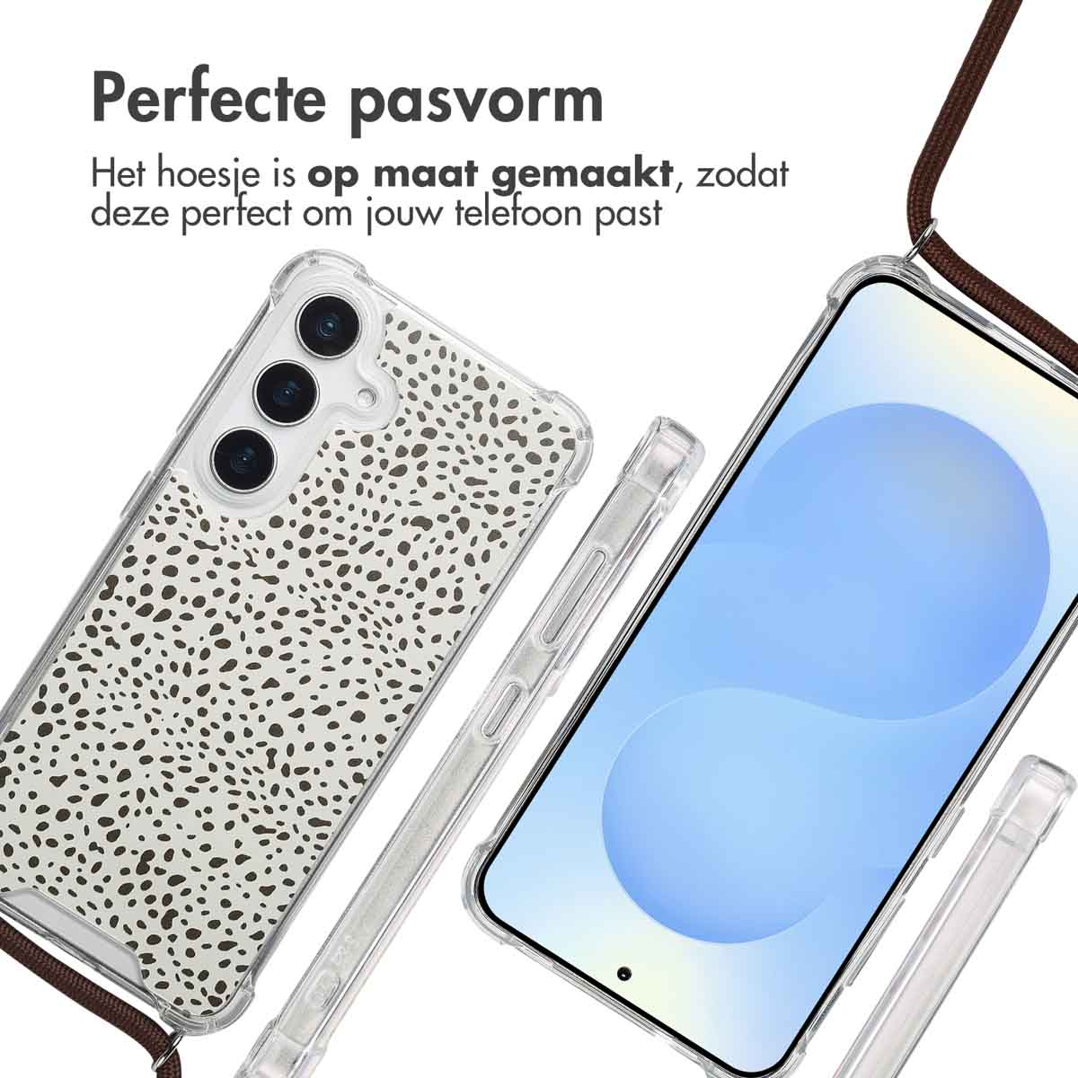 Transparante telefoonhoesjes met een zwart stippenpatroon en een witte achtergrond. Twee telefoons zijn zichtbaar.