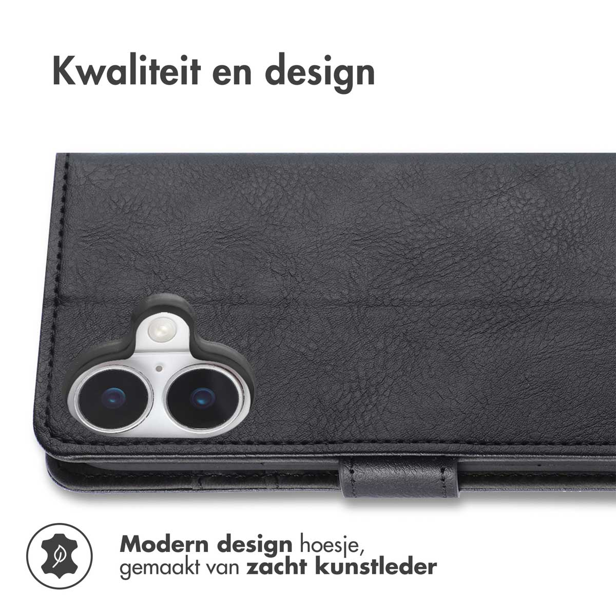 Étui de téléphone en cuir noir avec un téléphone à l'intérieur. L'étui a un bouton et un support.
