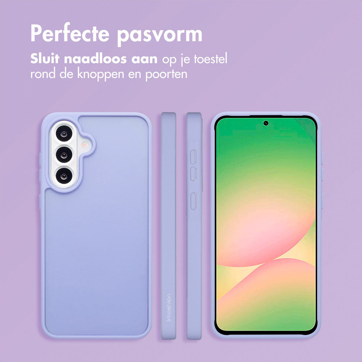 Une coque de téléphone lilas à côté d'un téléphone. La coque recouvre le téléphone et a une surface lisse.