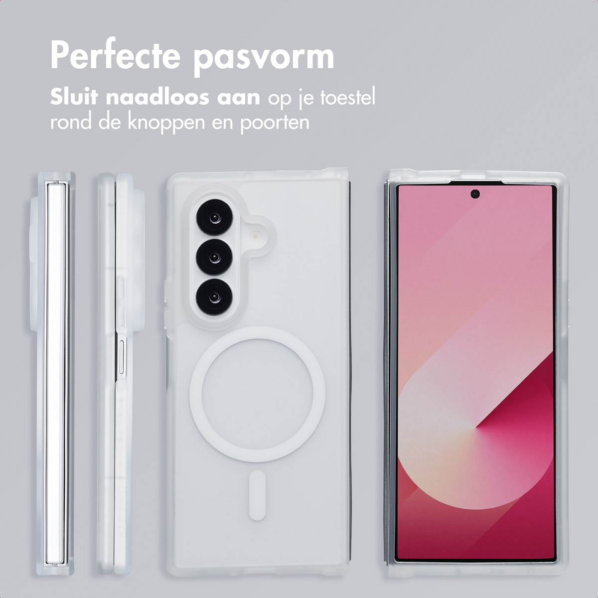 Telefoonhoescomponenten in het wit, die de telefoonhoes en de perfecte pasvorm laten zien.
