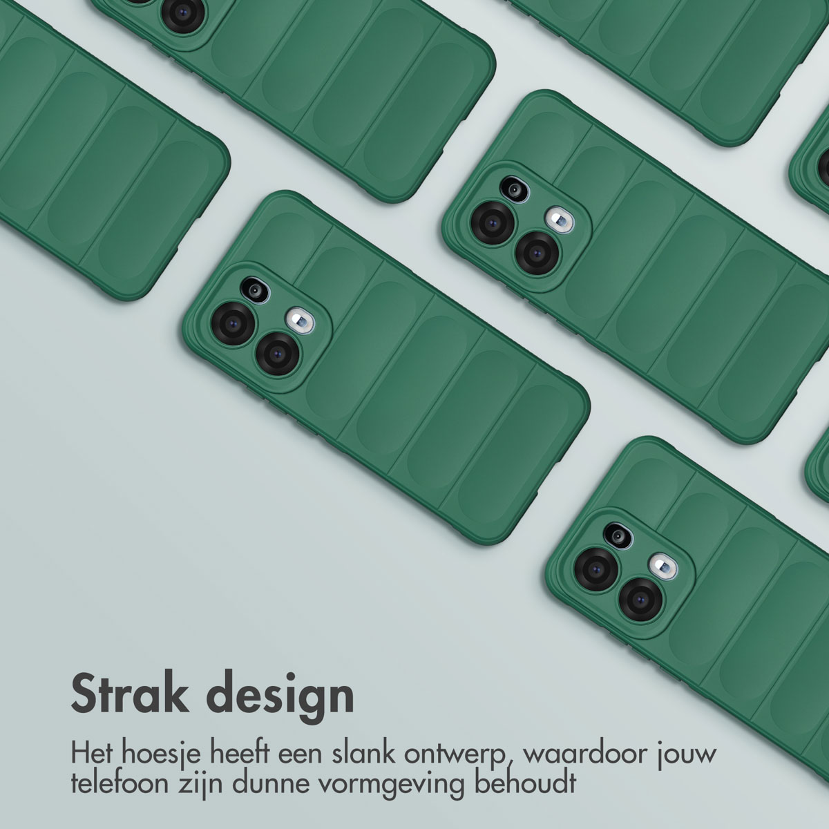 Er liggen meerdere groene telefoonhoesjes verspreid. De hoesjes hebben verticale lijnen en meerdere cameralenzen.