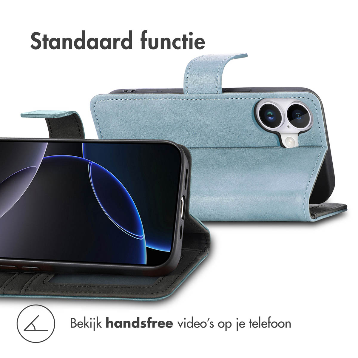 Blauwe telefoonhoes met telefoon erin, open. De hoes heeft een flap en een camera-opening.