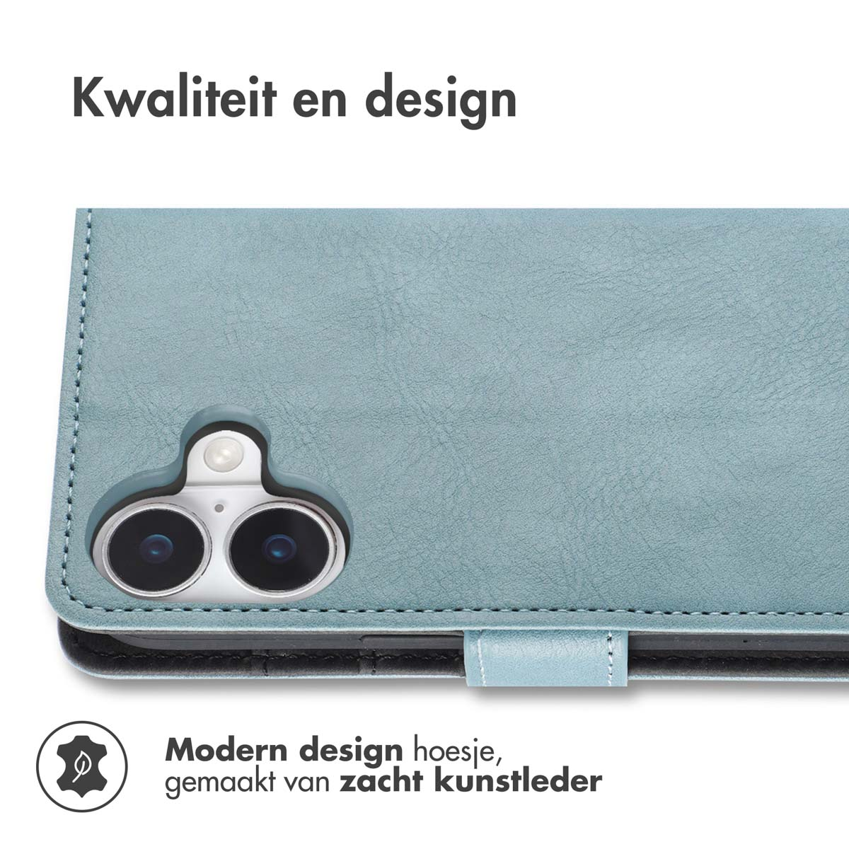 Blauwe telefoonhoes, open. De hoes heeft een flap en een camera-opening. Het is van leer.
