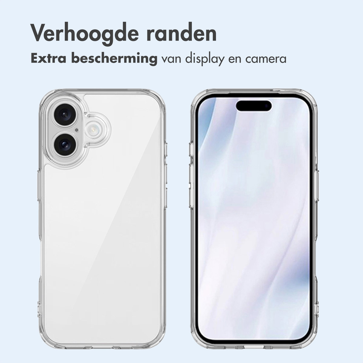 Transparante telefoonhoes en telefoon. Beide hebben verhoogde randen. Scherm zichtbaar.