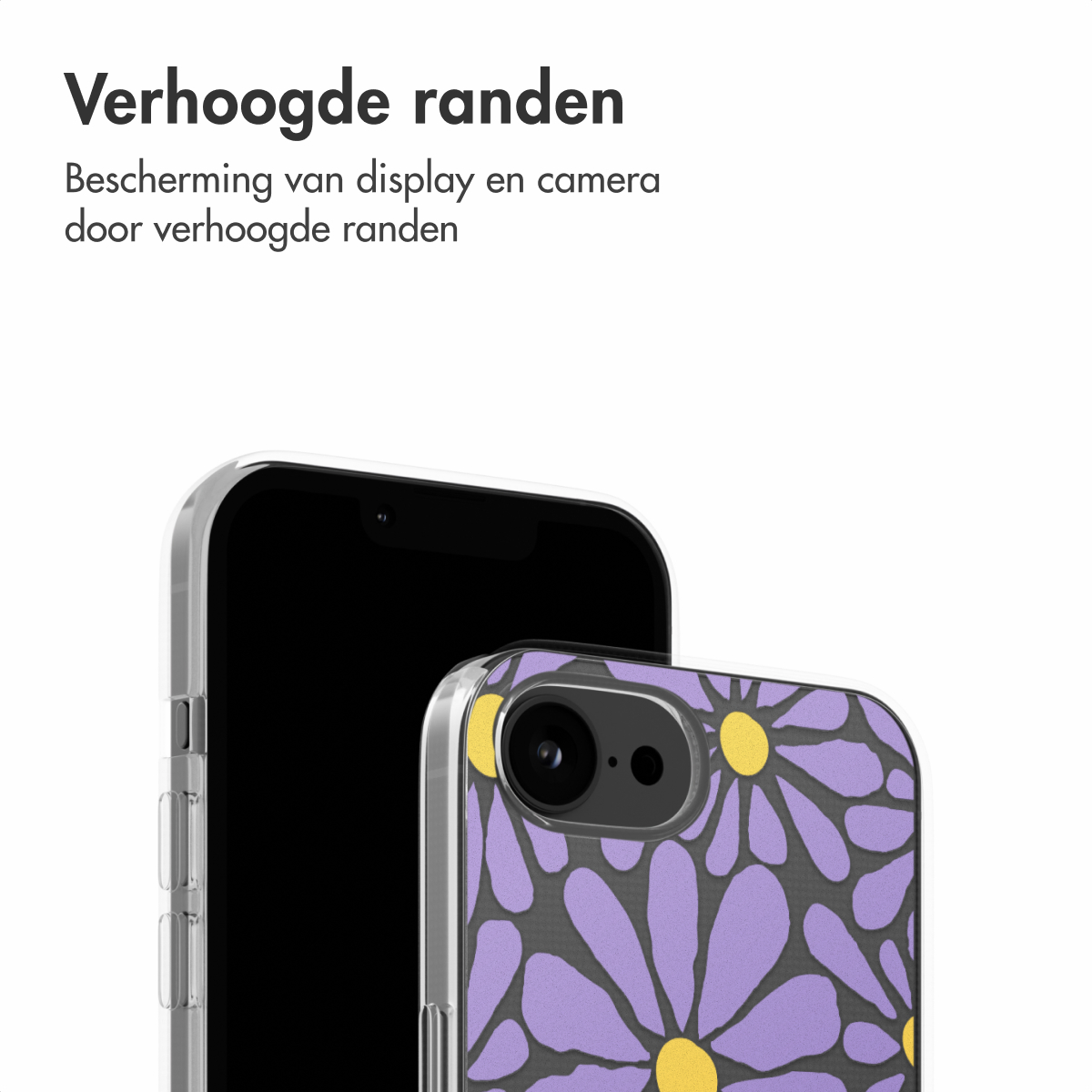 Telefon mit floraler Hülle. Das Telefon ist in einer Hülle mit lila Blumen und gelben Zentren.