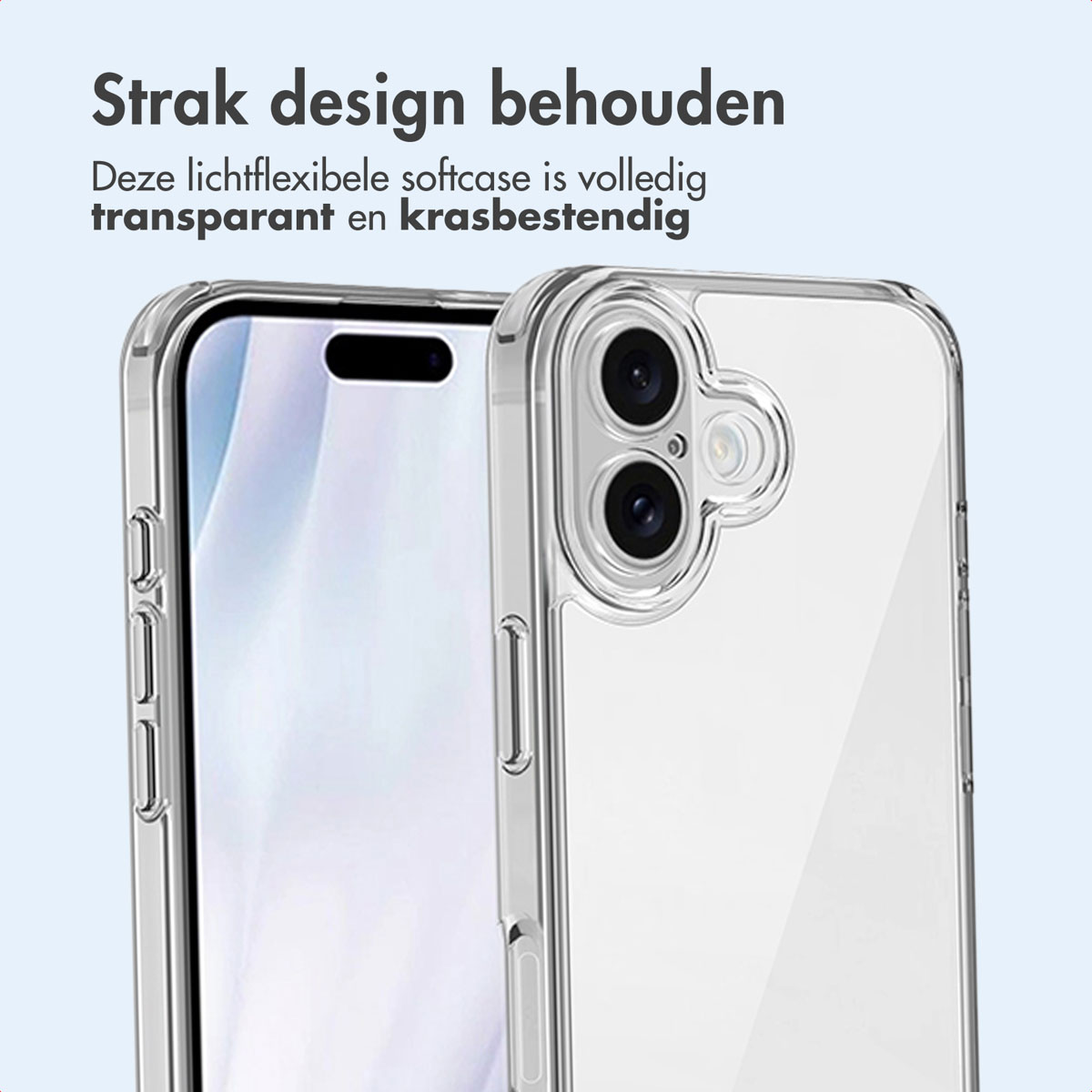 Transparante telefoonhoes met telefoon. De hoes is transparant en heeft een camera-opening.