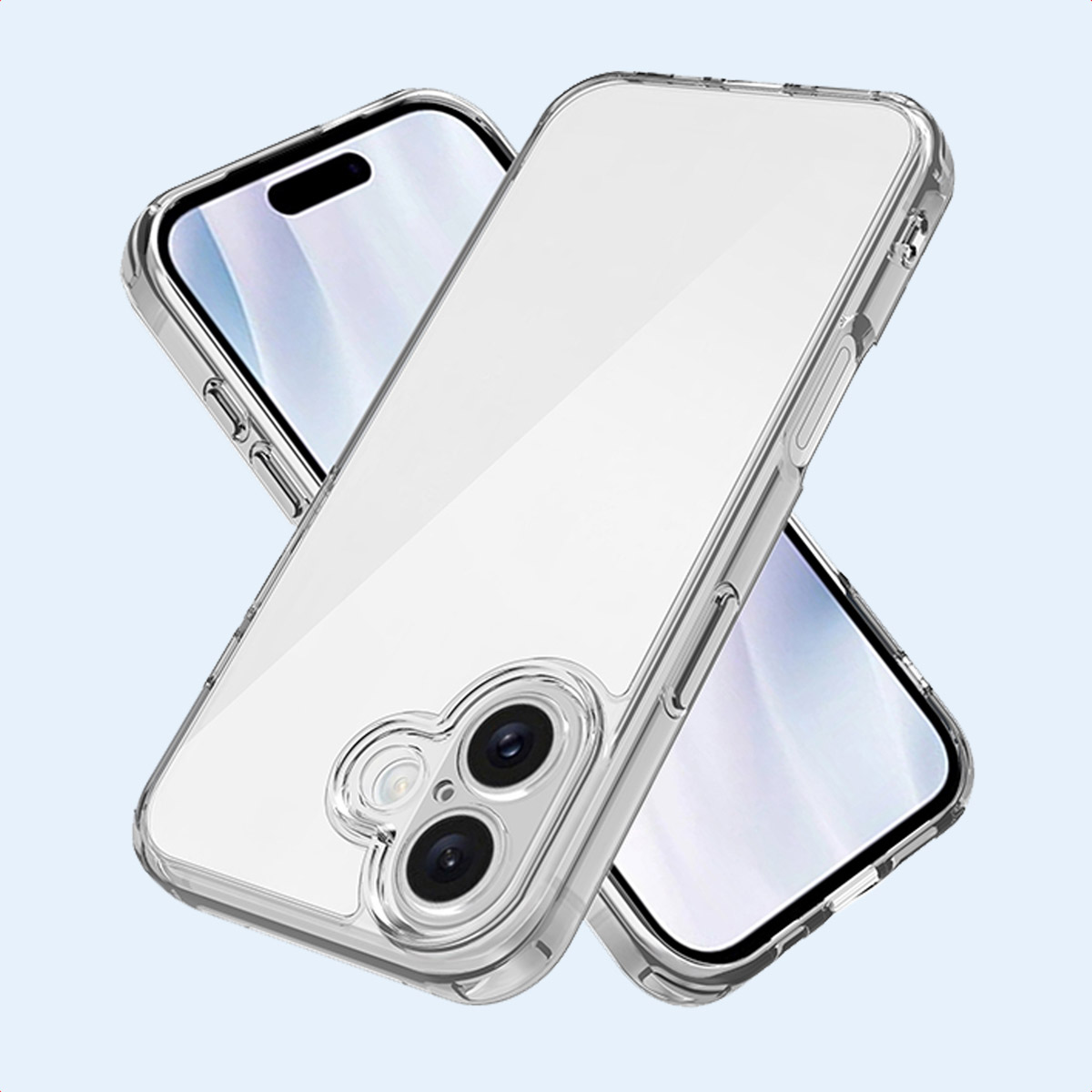 Drie transparante telefoonhoesjes. Ze zijn transparant en laten de achter- en voorkant van de telefoon zien.