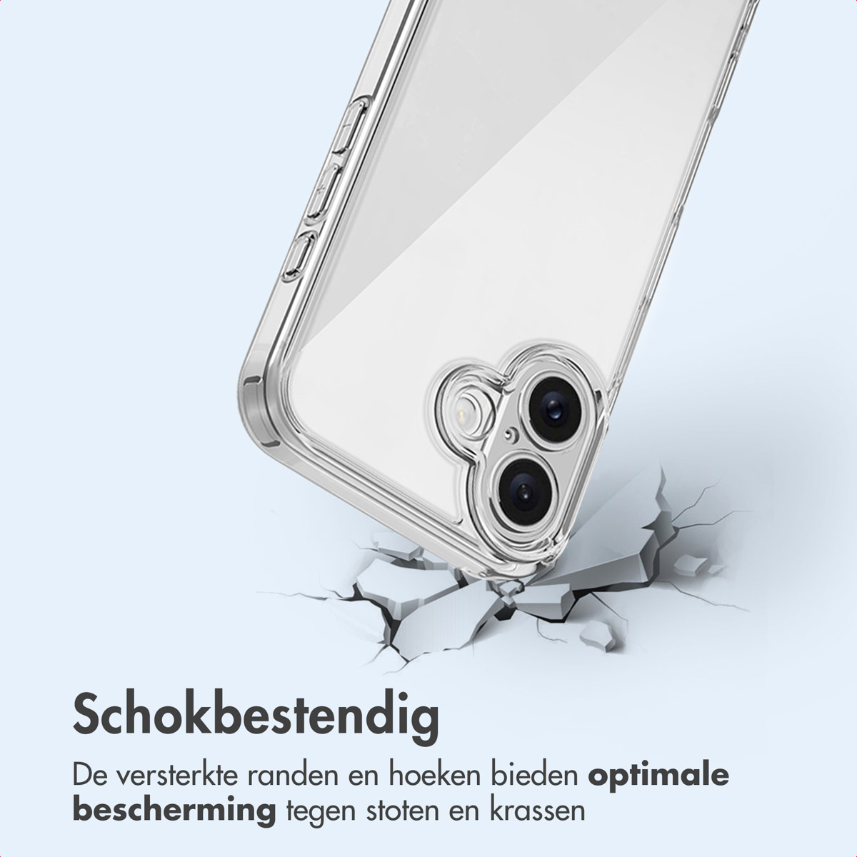 Transparante telefoonhoes op een oppervlak met scheuren. Lijkt schokbestendig.