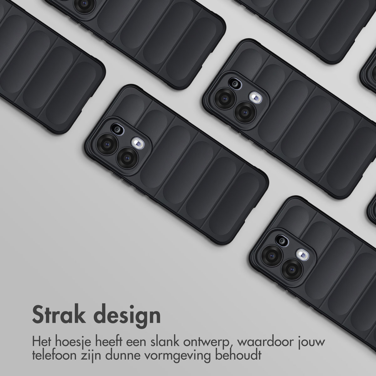 Meerdere zwarte telefoonhoesjes op een lichte achtergrond. Gestreept design.