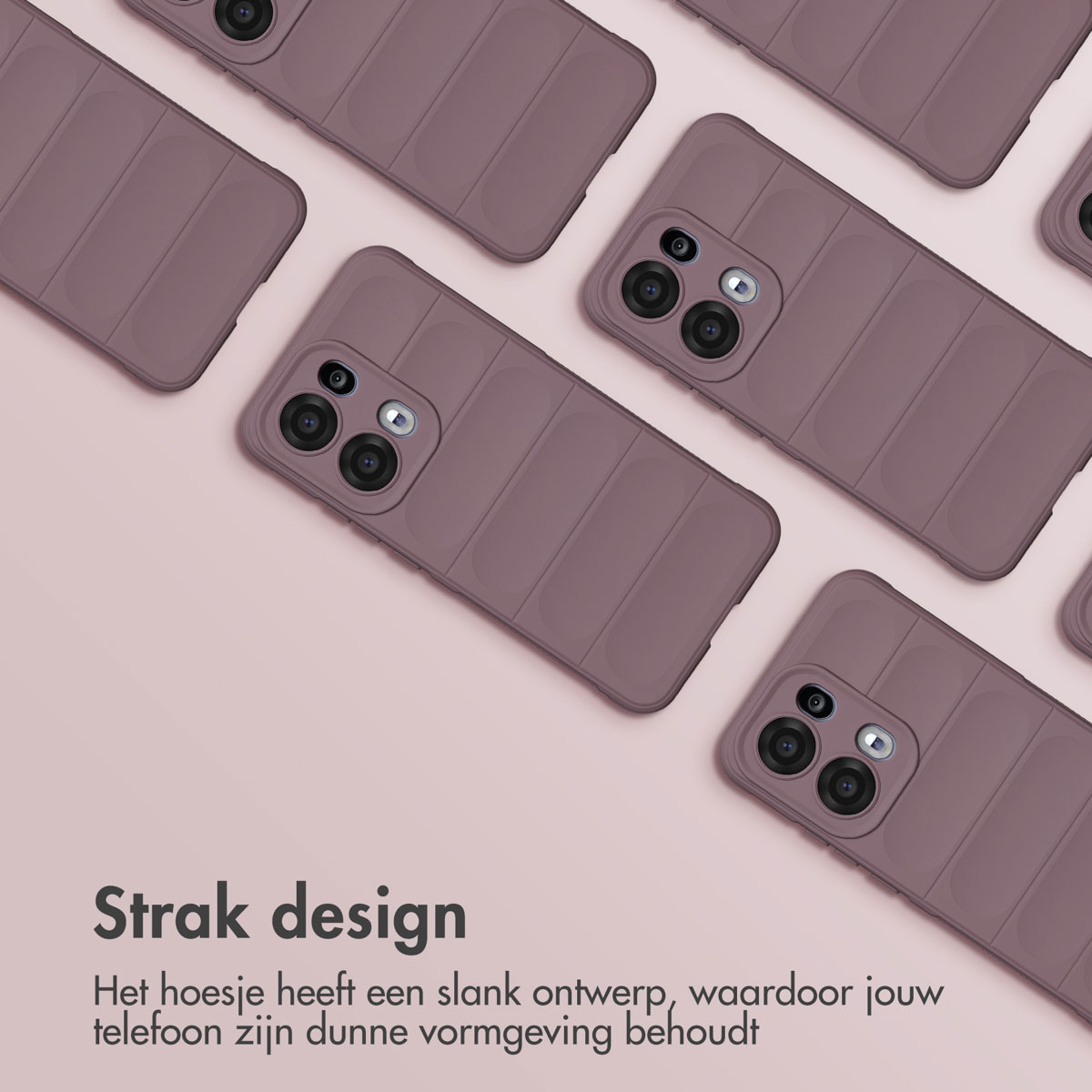Meerdere paarse telefoonhoesjes. Hoesjes zijn uitgelijnd en hebben een geribbeld ontwerp.