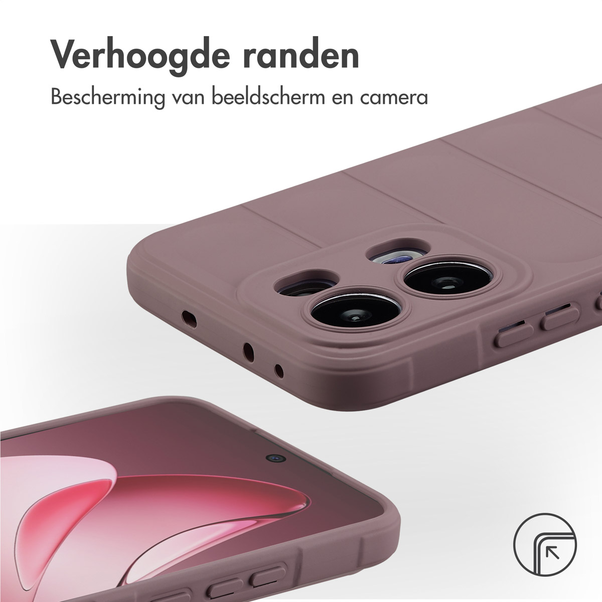 Telefoon in een paarse hoes. De hoes heeft verhoogde randen en een camera-uitsparing.