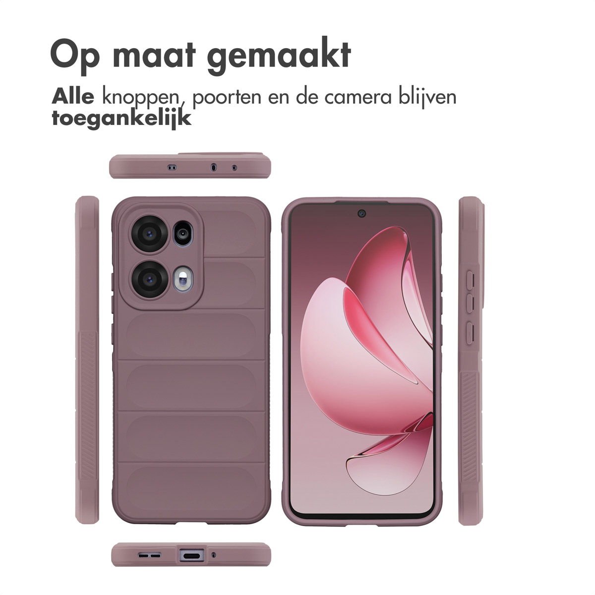 Paarse telefoonhoes en telefoon met roze design op het scherm.