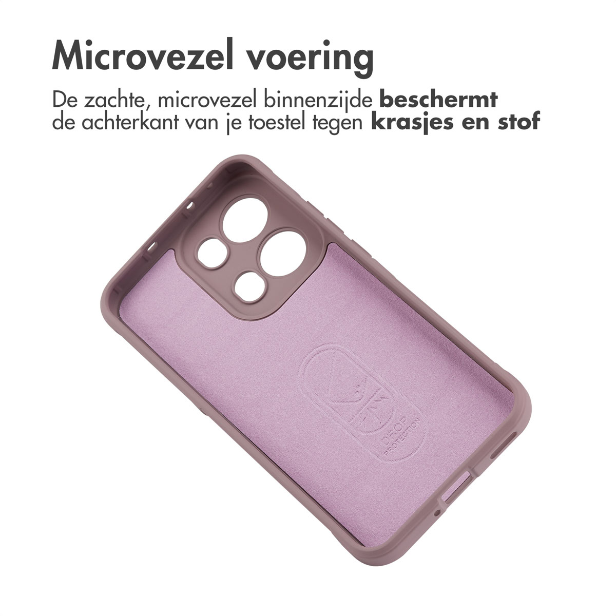 Roze telefoonhoes binnenkant met zachte microvezel voering en een logo.