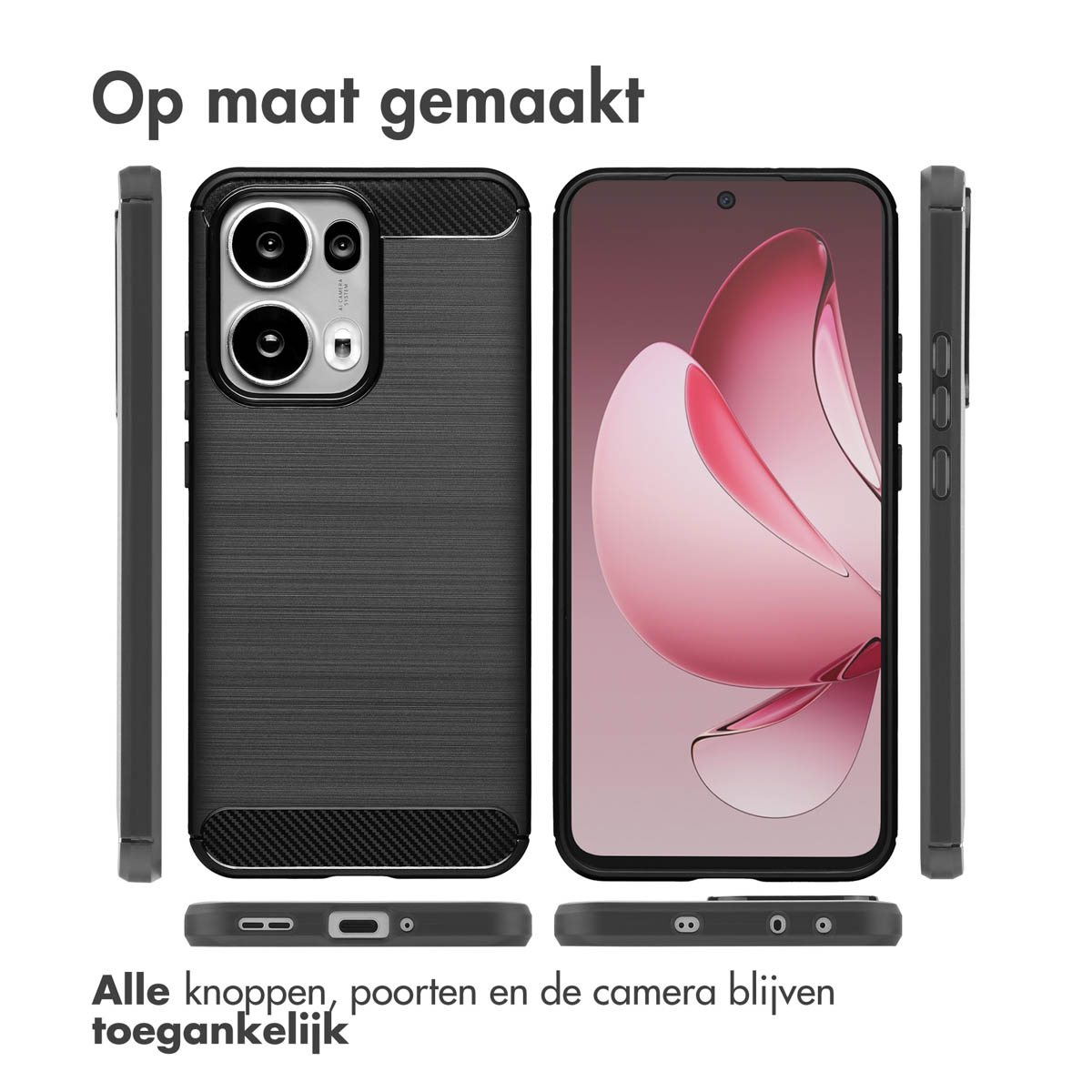 Zwarte telefoonhoes in meerdere aanzichten. Knoppen, poorten en camera zijn toegankelijk.