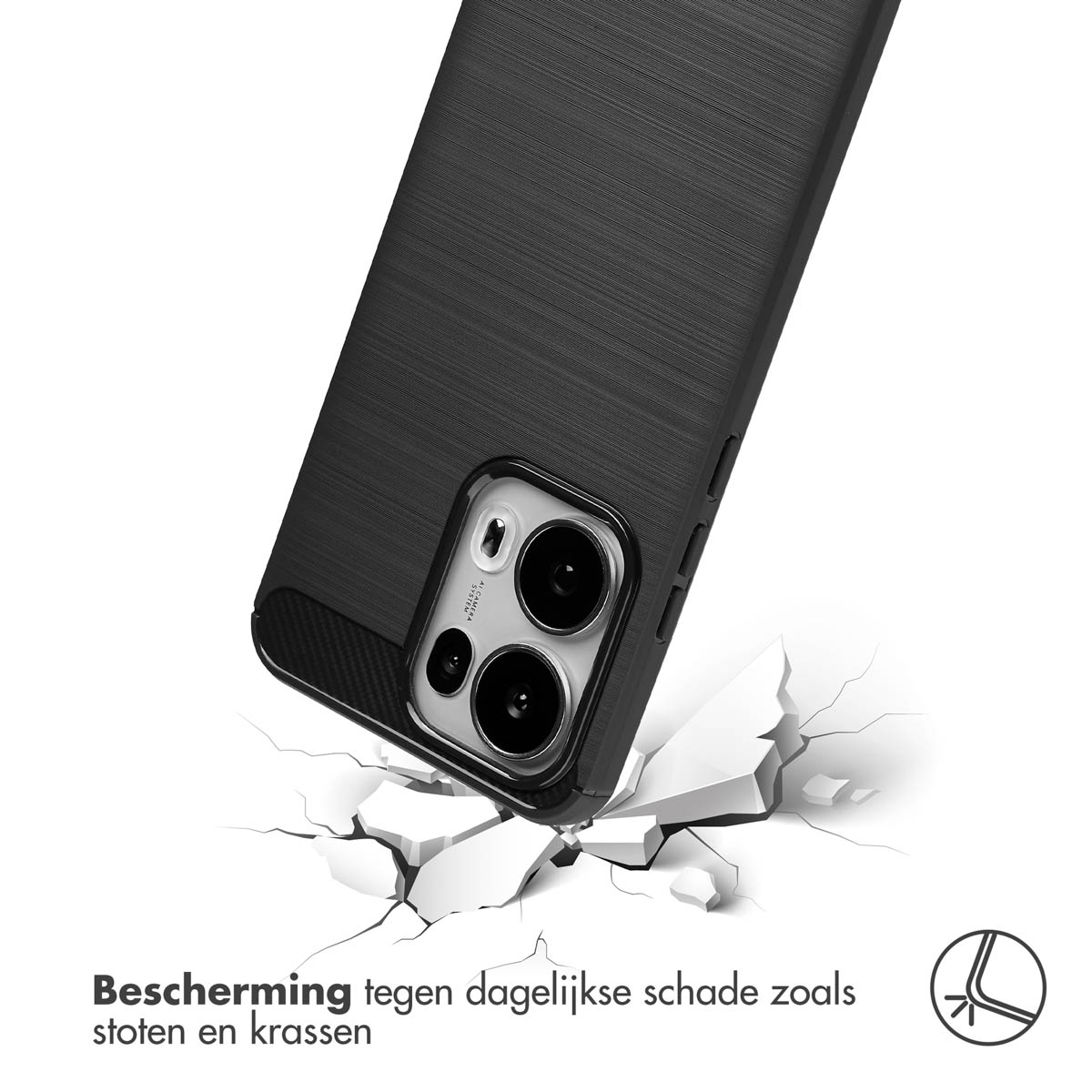 Zwarte telefoonhoes met camera-uitsparing die valt en het oppervlak barst.