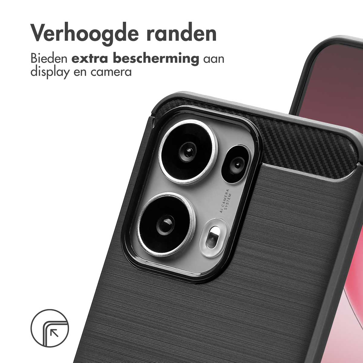 Zwarte telefoonhoes met camera-uitsparing en verhoogde randen die de telefoon beschermen.