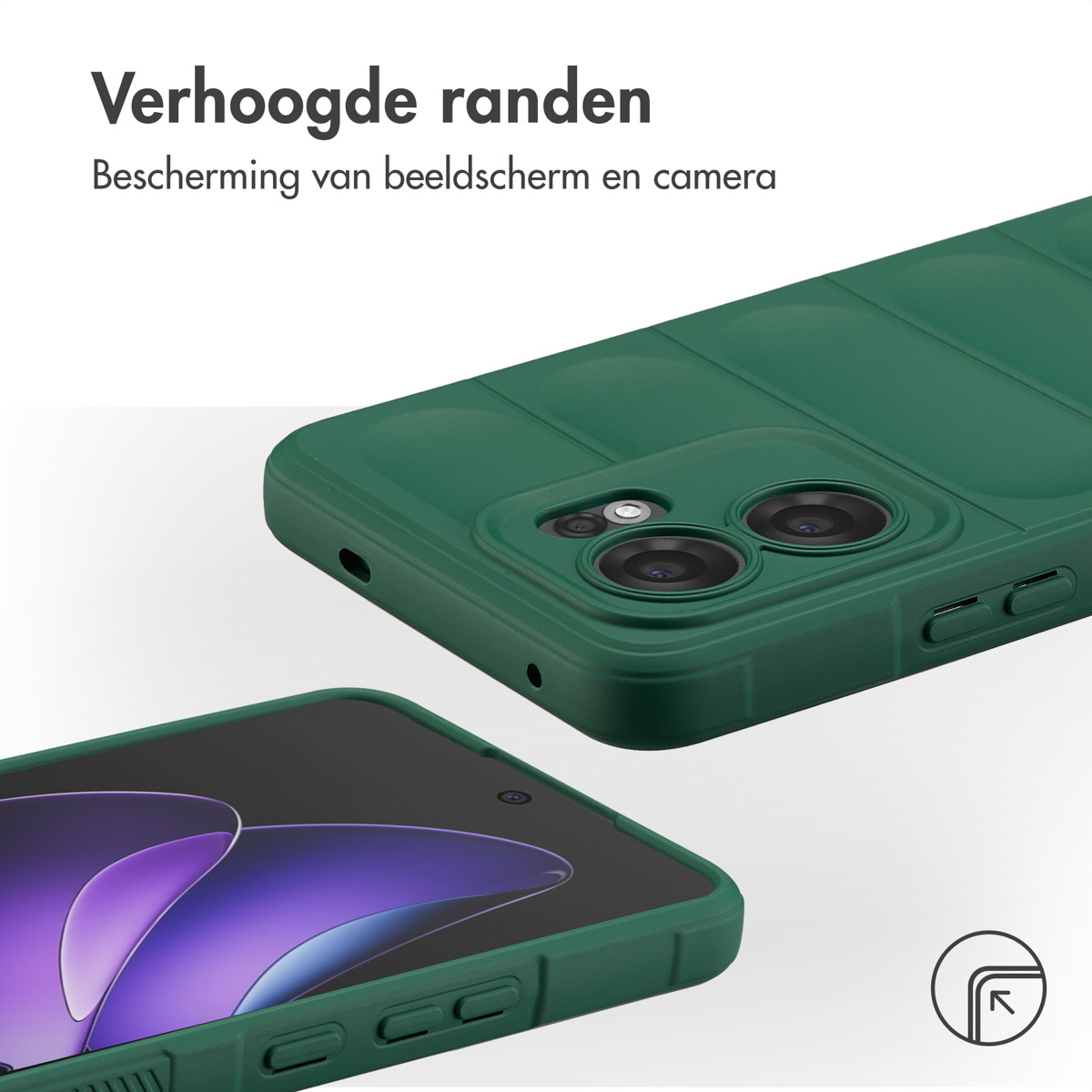 Coque de téléphone verte avec bords surélevés, protégeant l'écran et la caméra.