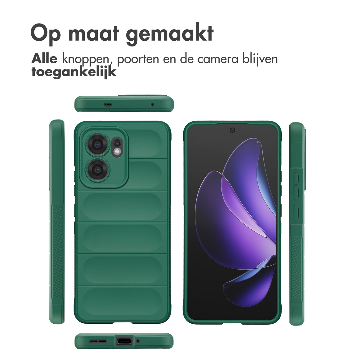 Coque de téléphone verte en plusieurs vues. Boutons, ports et caméra accessibles.