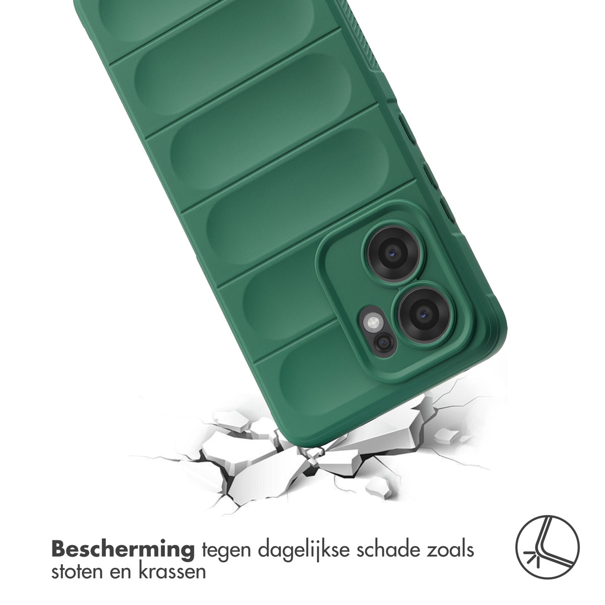 Coque de téléphone verte tombée, fissurant la surface, montrant la protection.