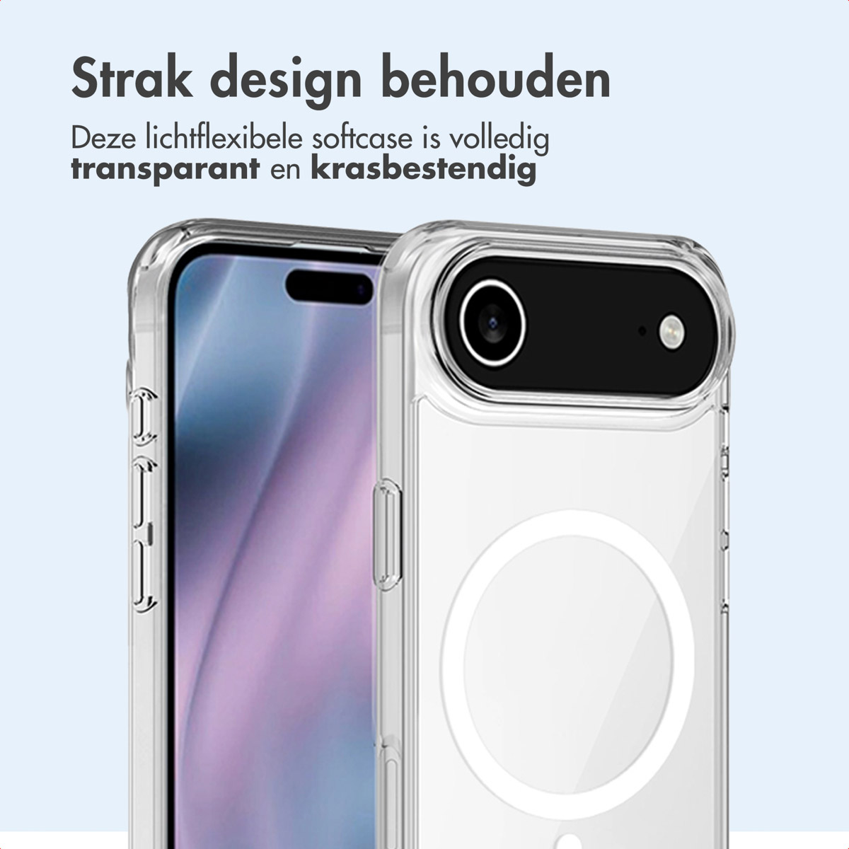 Custodia trasparente per telefono che protegge un telefono, con retro trasparente e cerchio bianco.