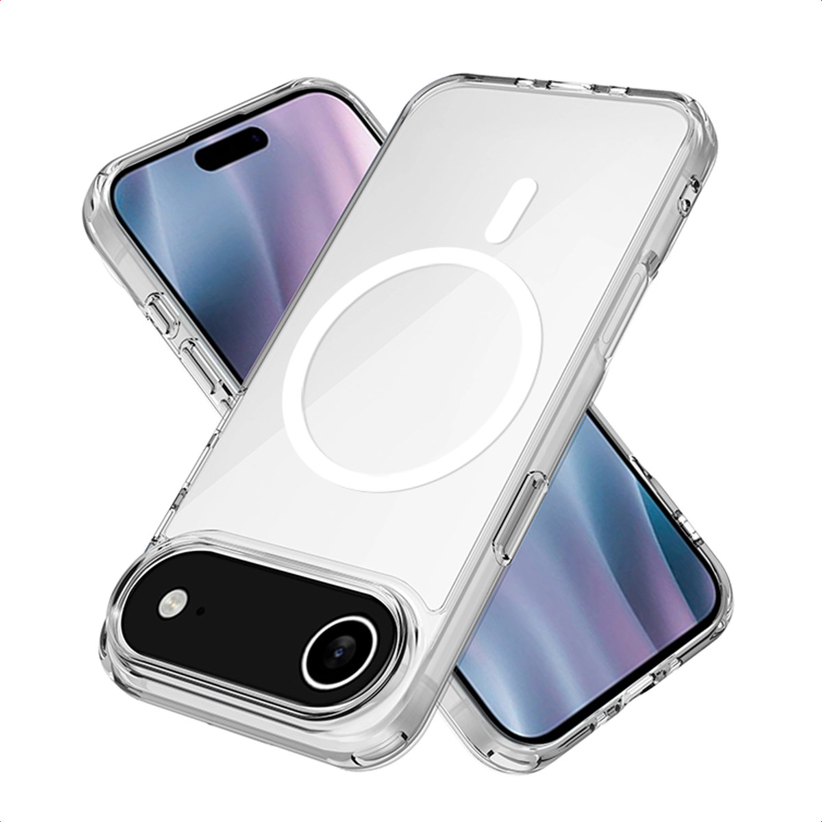 Due custodie trasparenti per telefono con un anello bianco al centro e un iPhone visibile all'interno.