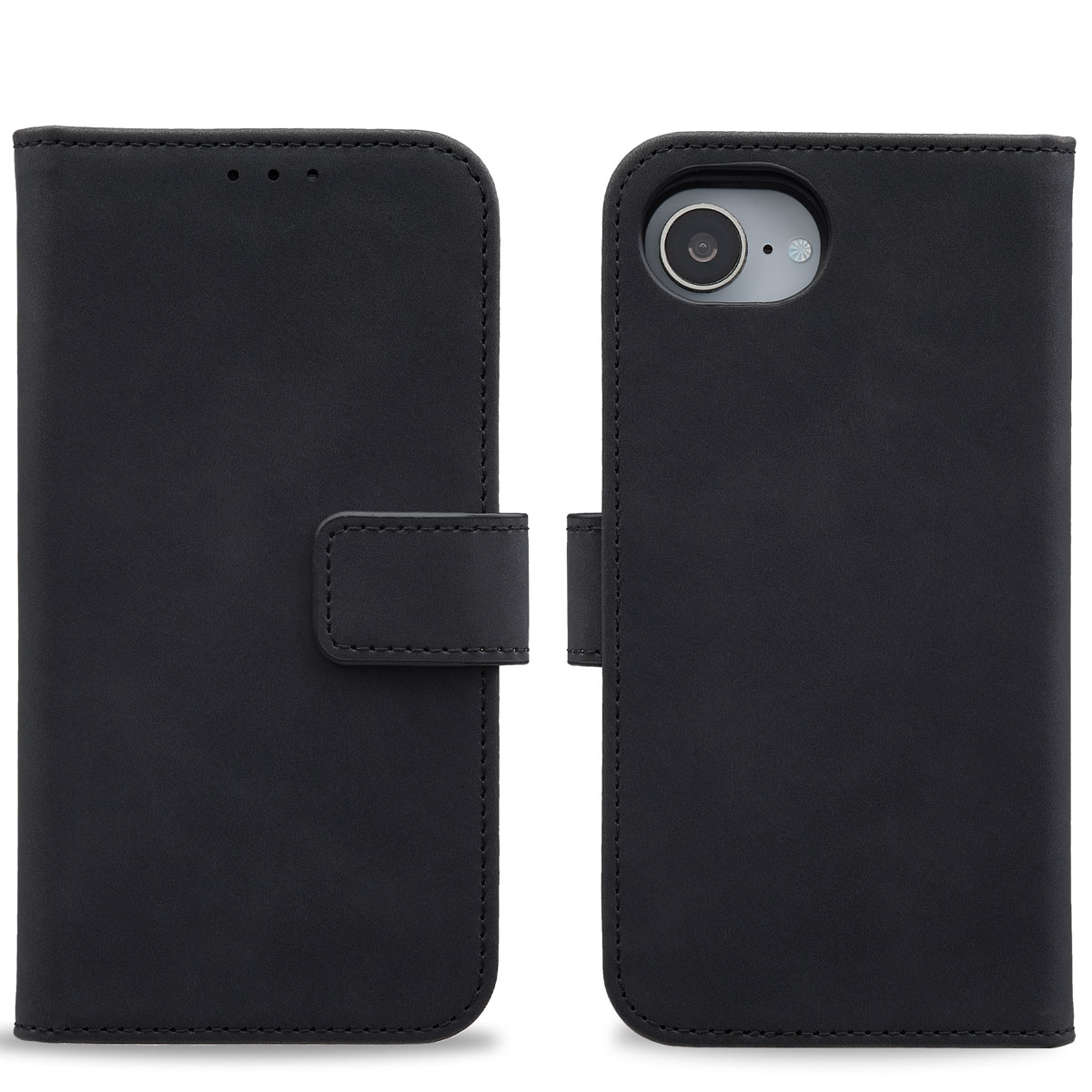 Custodia per telefono nera, aperta per mostrare l'interno. La custodia ha una chiusura magnetica.