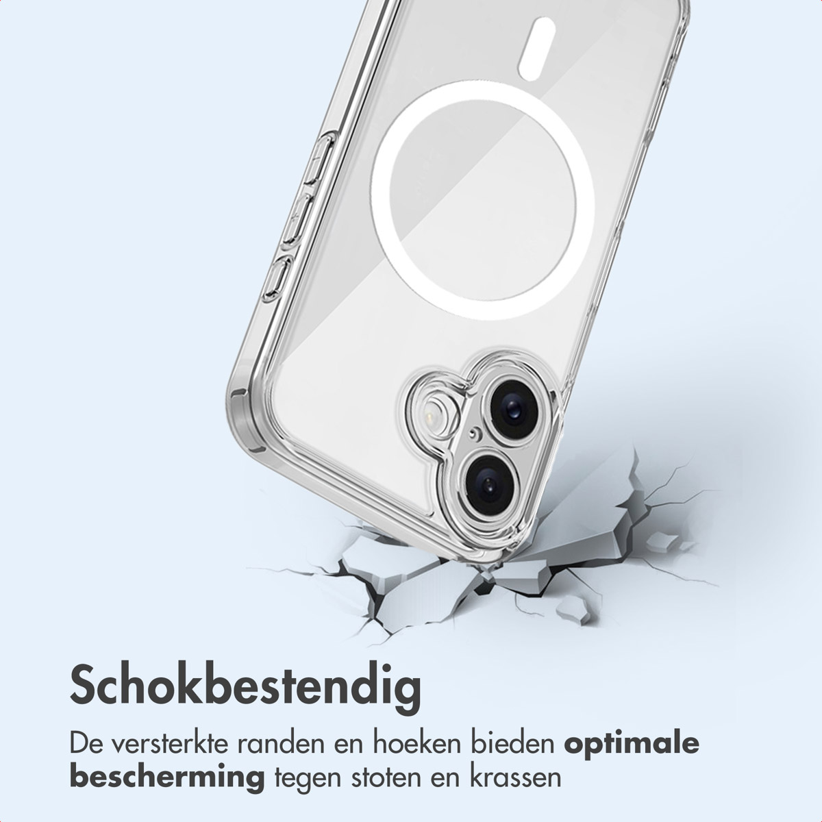 Telefoonhoes op gebarsten oppervlak. Tekst: 'Schokbestendig'. Hoes heeft camera-uitsparingen. Beschermt de telefoon.