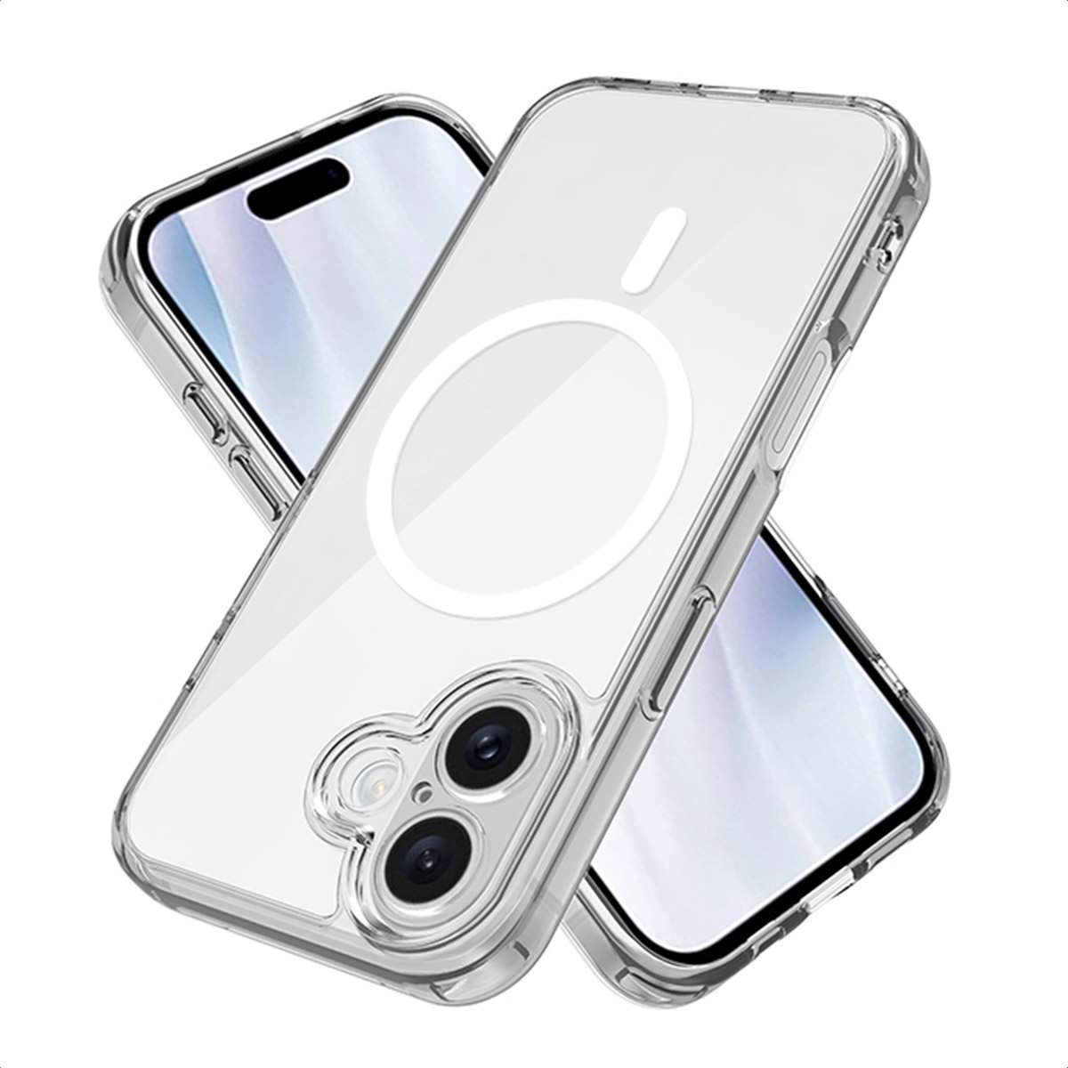 Transparante telefoonhoes met een telefoon erin. De hoes heeft een cirkelvormig magnetisch gebied. De telefoon heeft een camera.
