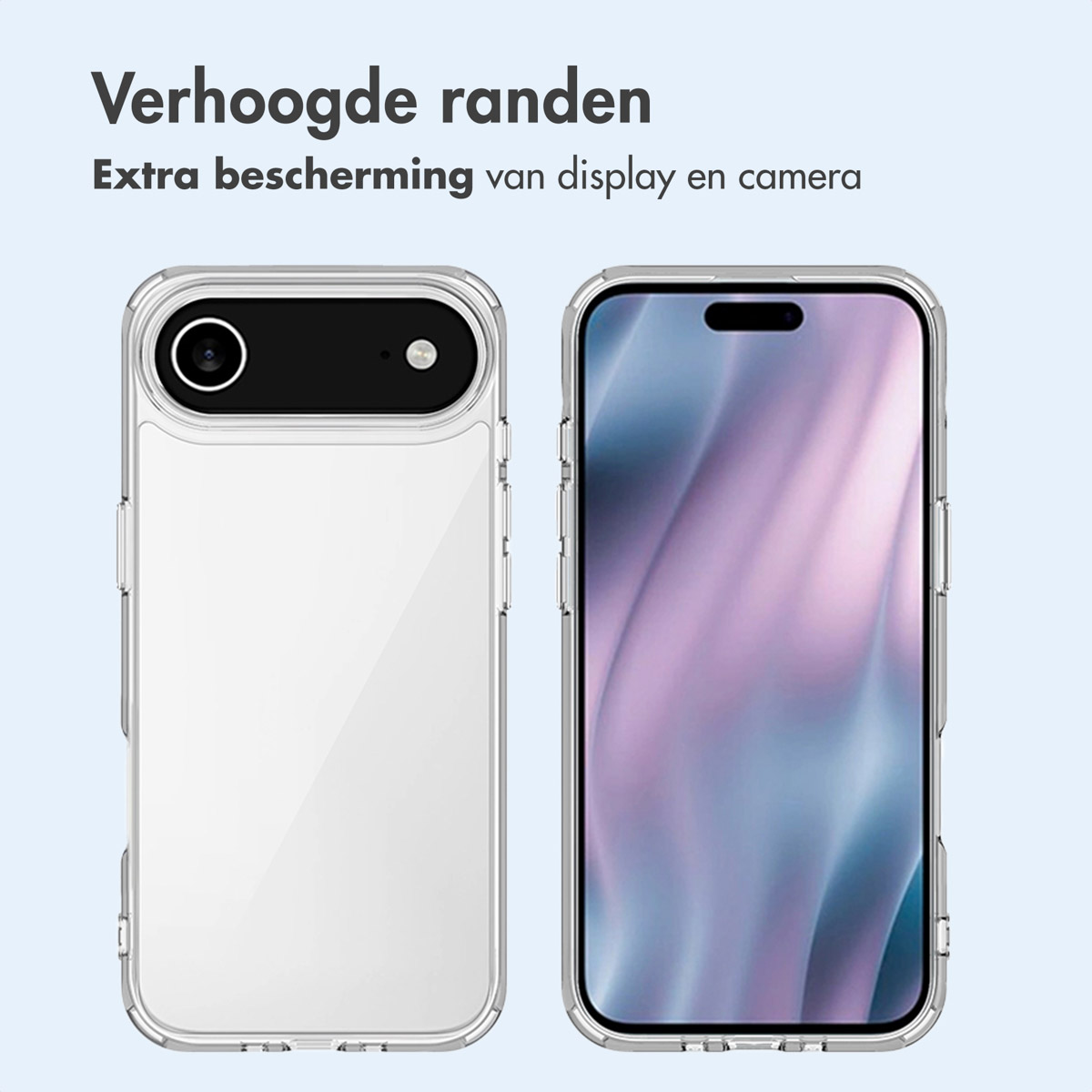 Due custodie trasparenti per telefono affiancate. Sopra il testo dice: 'Bordi rialzati. Protezione extra display e fotocamera'.
