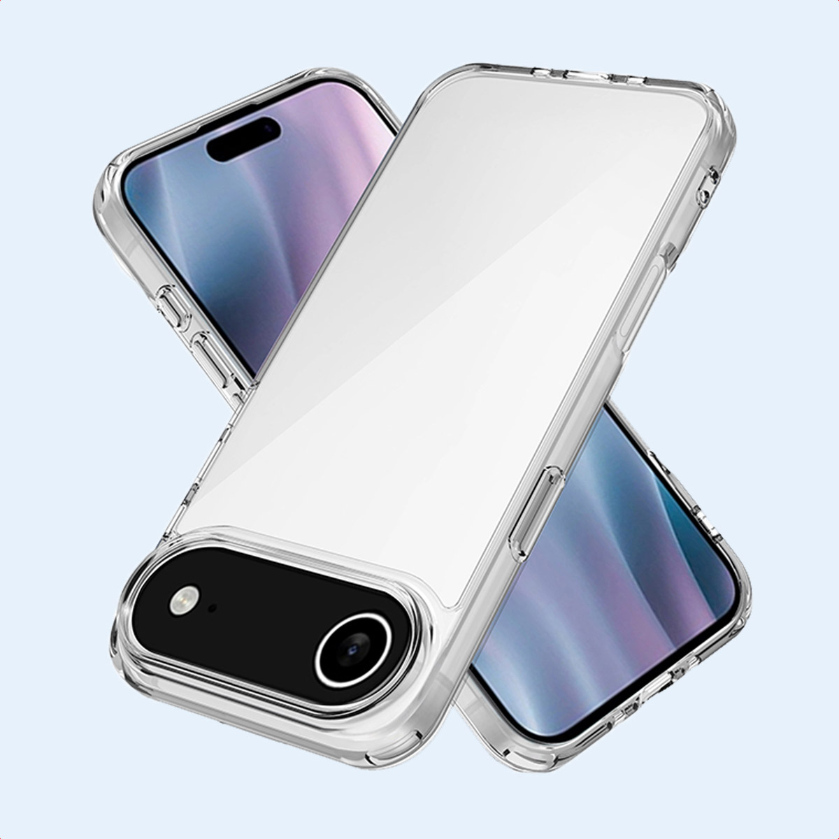 Due telefoni in custodie trasparenti sono angolati. Il telefono a destra ha una custodia trasparente, l'altro è un telefono con una custodia trasparente.