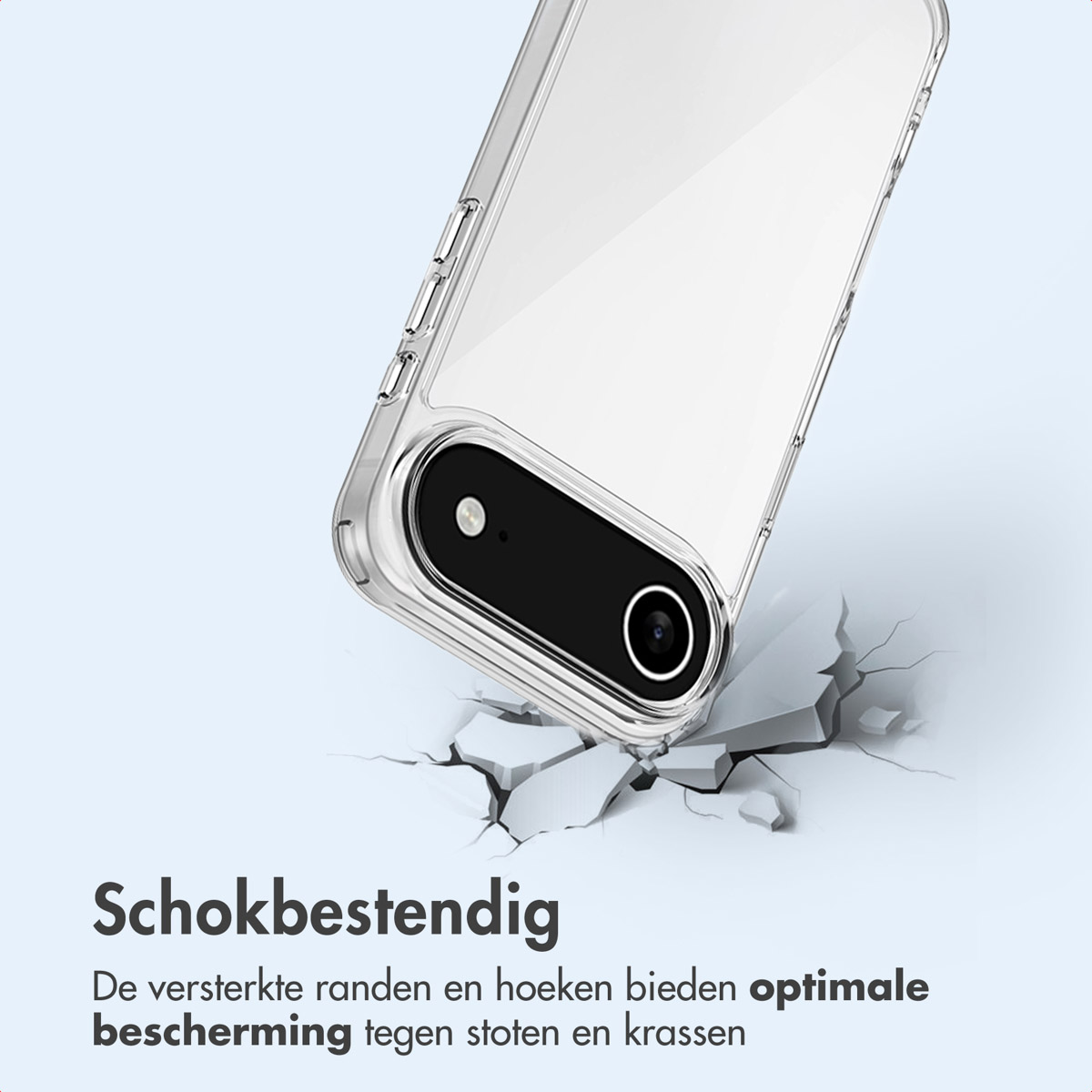 Custodia per telefono su superficie incrinata. Testo: 'Schokbestendig'. La custodia ha ritagli per la fotocamera. Protegge il telefono.