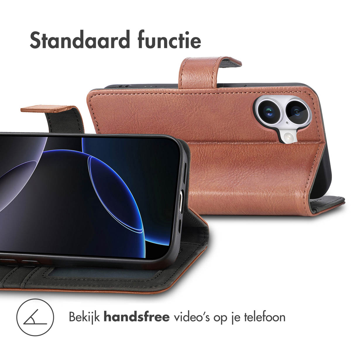 Coque de téléphone marron avec un téléphone à l'intérieur. Texte : 'Standaard functie'. Permet de regarder des vidéos en mains libres.